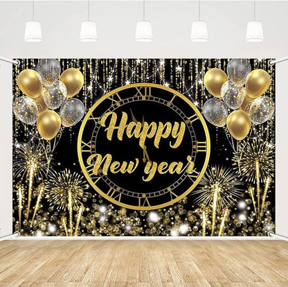 MEHOFOND Happy New Year Backdrop Hello 2026NYE Cheers Party Decorations Gold Black Photography Background Kiss Me at Midnight New Year's Eve Festival Party Supplies Photobooth Banner 8x6ft