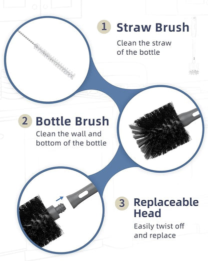 2 in 1 Long Handle Bottle Brush with Straw Brush for Cleaning Glass, Sports Bottle, Coffee Mug, Gray, 1 Pack