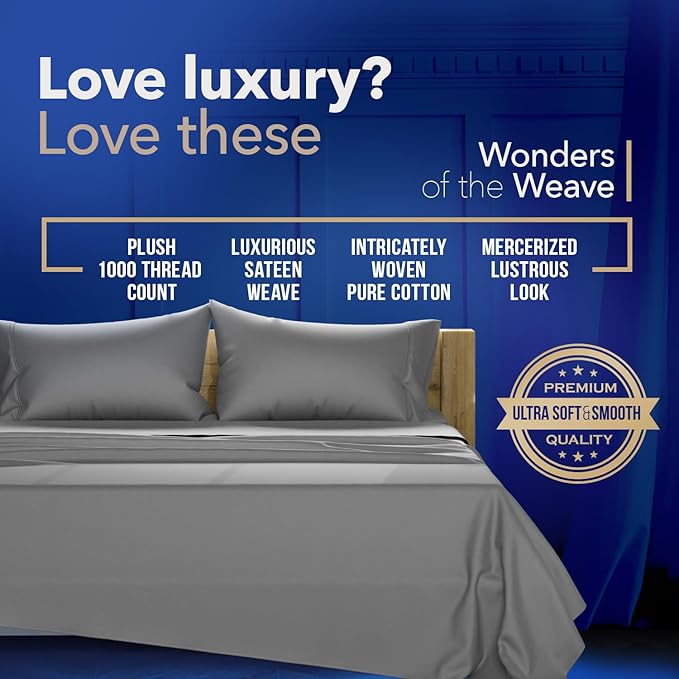 TEXAS LINEN CO. Luxury Egyptian Cotton Split Sheet Set - 1000 Thread Count 5 PC Cotton Sheets for Adjustable Bed, Soft, Cooling Extra Long Staple Sateen Sheets - Fits Upto 18” Deep Pocket, Dark Grey