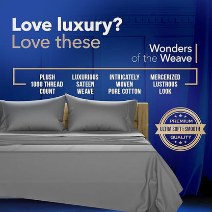 TEXAS LINEN CO. Luxury Egyptian Cotton Split Sheet Set - 1000 Thread Count 5 PC Cotton Sheets for Adjustable Bed, Soft, Cooling Extra Long Staple Sateen Sheets - Fits Upto 18” Deep Pocket, Dark Grey
