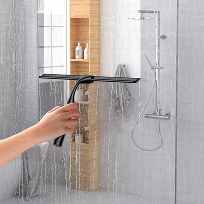 Shower Squeegee for Glass Doors, 10-Inch Stainless Steel Squeegee Bathroom Doors Mirror Car Windows with Matching Hooks Holder and Replacement Blade (Black)