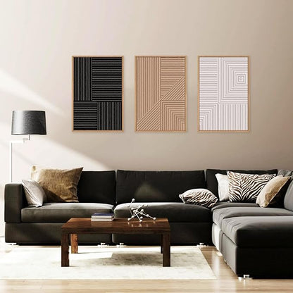 HLNIUC Large Black and White Neutral Wall Art 3 Piece, Boho Abstract Canvas Wall Decor, Minimalist Geometric Line Painting, Mid Century Modern Art Print for Living Room, Bedroom, Office 24x36 In