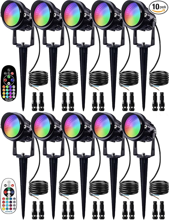 SUNVIE 12W Halloween Low Voltage Landscape Lighting RGB Color Changing LED Landscape Lights Remote Control Waterproof Garden Patio Spotlight Decoration for Outdoor Indoor(10 Pack with Connector)