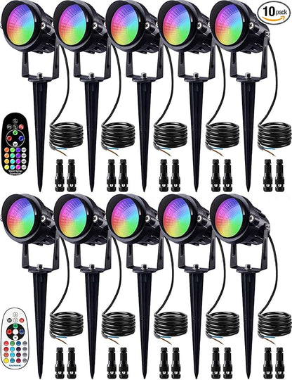 SUNVIE 12W Halloween Low Voltage Landscape Lighting RGB Color Changing LED Landscape Lights Remote Control Waterproof Garden Patio Spotlight Decoration for Outdoor Indoor(10 Pack with Connector)