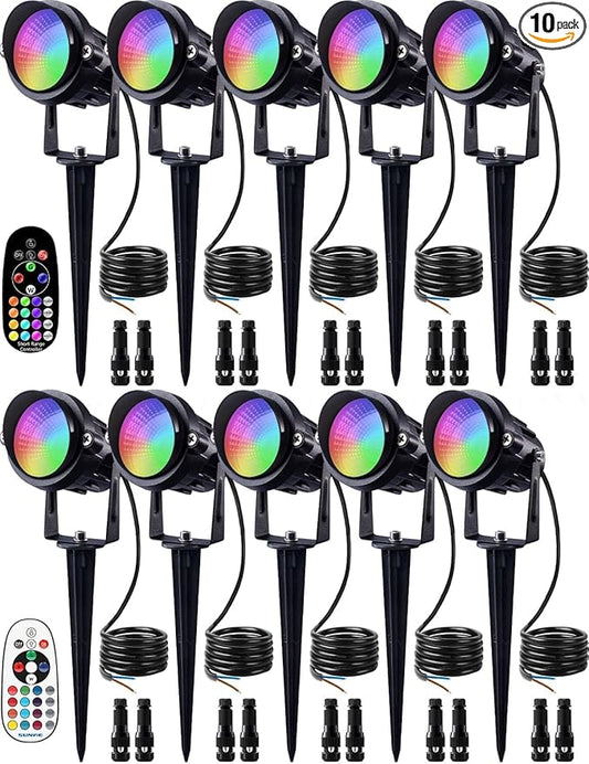 SUNVIE 12W Halloween Low Voltage Landscape Lighting RGB Color Changing LED Landscape Lights Remote Control Waterproof Garden Patio Spotlight Decoration for Outdoor Indoor(10 Pack with Connector)