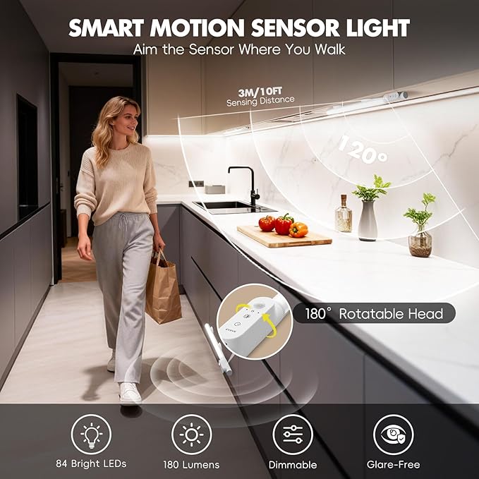 Under Cabinet Lighting Wireless, 12" Rechargeable Motion Sensor Light Indoor, 180° Rotatable Closet Light & 3 Color & Stepless Dimmable, Magnetic Under Counter Lights for Kitchen Pantry Stairs(2 Pack)