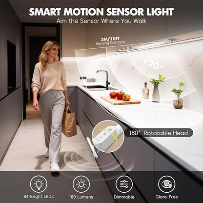 Under Cabinet Lighting Wireless, 12" Rechargeable Motion Sensor Light Indoor, 180° Rotatable Closet Light & 3 Color & Stepless Dimmable, Magnetic Under Counter Lights for Kitchen Pantry Stairs(2 Pack)