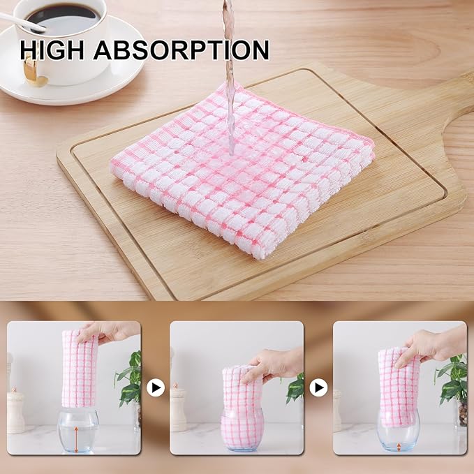 Kitinjoy Cotton 8 Pack Terry Kitchen Dish Cloths, 12 x 12 Inches Super Soft and Absorbent Dish Rags, Quick Drying Dish Towels for Washing Dishes, Pink