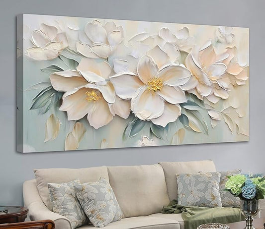 Anolyfi White Textured Flowers Large Canvas Wall Art for Living Room, Modern Aesthetic Sage Florals Painting Wall Decor for Christmas Gift Hallway Bedroom Dining Room Office Home Decor 58"x29"