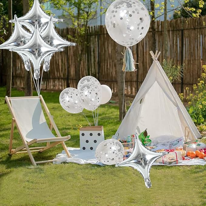 18inch Star Shape Foil Mylar Balloon,30 pcs Silver Four Angle Star Balloons for Birthday Party,Wedding,Valentine's Day, engagement party，Christmas,Baby Shower Backdrops Decorations