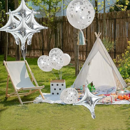 18inch Star Shape Foil Mylar Balloon,30 pcs Silver Four Angle Star Balloons for Birthday Party,Wedding,Valentine's Day, engagement party，Christmas,Baby Shower Backdrops Decorations