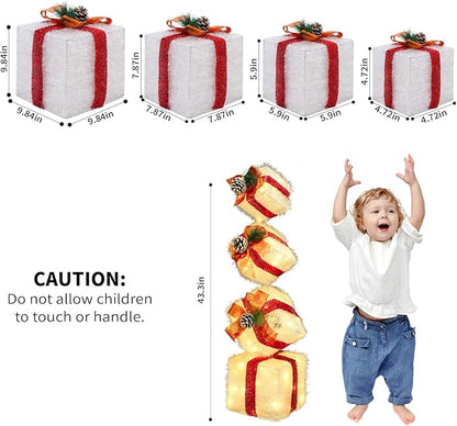 Christmas Lighted Gift Boxes Decorations Set of 4, 3.6Ft Stackable Christmas Nesting Boxes Battery Operated for Home and Party Decoration (10"-8"-6"-5", Red Bow)