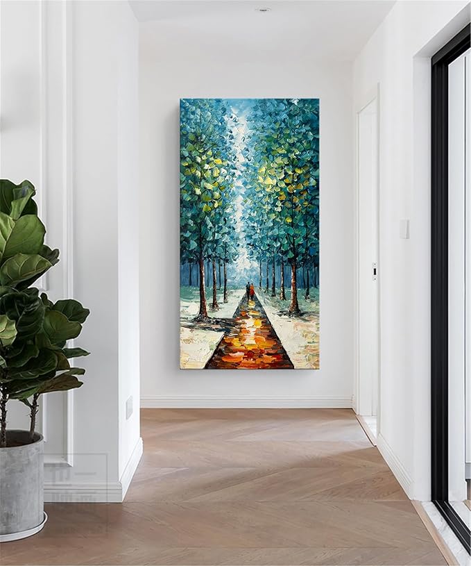 Alenoss Hand Painted 3D Abstract Oil Paintings on Canvas 24x48 Inches Large Modern Forest Landscape Vertical Blue Canvas Wall Art Framed Artwork for Living room Bedroom Tree Art Decor