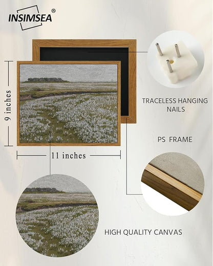 InSimSea Framed Canvas Wall Art Vintage Decor, Landscape Wall Art, Boundless Grassland Full of White Flowers Canvas Painting Wall Decor, Retro Farmhouse Bedroom Decoration, 9"x11"