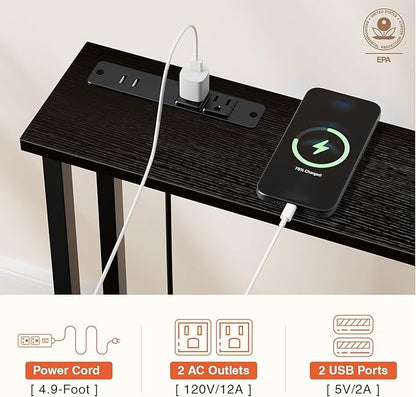 102" Narrow Console Sofa Table - 2 Power Outlets & 4 USB Ports, Metal Frame, Black, Perfect for Hallway, Office, and Behind Sofa - Easy Assembly, 4.9' Extension Cord Included