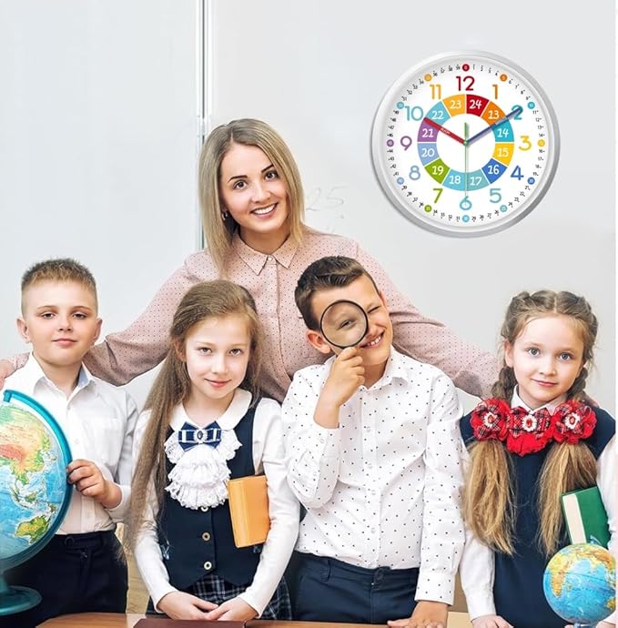XFM Learning Clock for Kids Silent Non Ticking Battery Operated Colorful Teaching Time Clock 8 Inch Small Analog Clock for Kids Room Classroom School Playroom
