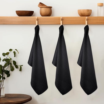Kitchen Towels Set of 6 Soft Premium Cotton Highly Absorbent Dish Towels 18x28 Inches, Washable & Reusable Tea Towel, Quick Drying Dish Cloths with Hanging Loop - Black Solid