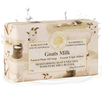 Wavertree & London Goat Milk Scented Natural Soap Bar, 7oz Moisturizing French Triple Milled Soap Bar for Women & Men Enriched with Organic Shea Butter, Pure Bath & Body Soap (1 Bar)