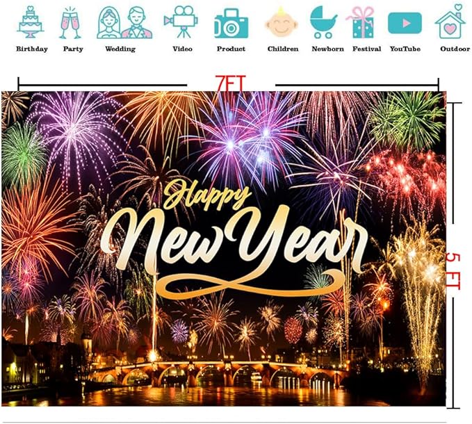 CYLYH 7X5FT Happy New Year Backdrop New Year's Eve Night City Fireworks Show Backdrop New Year Party Decorations
