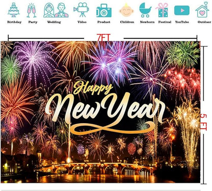 CYLYH 7X5FT Happy New Year Backdrop New Year's Eve Night City Fireworks Show Backdrop New Year Party Decorations