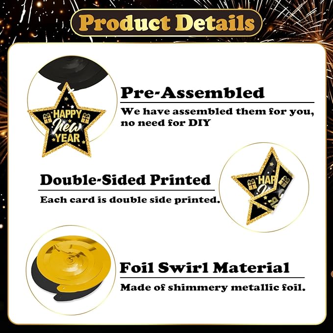 Happy New Year Banner & Hanging Swirls, 2026 Black and Gold Happy New Years Paper Banner Ceiling Swirl Streamers for New Years Eve Party Supplies