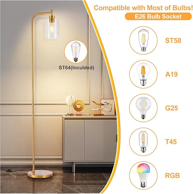 DLLT Floor Lamp Tall for Room: Gold Standing Lamp with Clear Glass Lampshade for Living Room - Modern Bright Lamp for Bedroom - Industrial Corner Floor Lamps for Office 8W Led Bulb Included