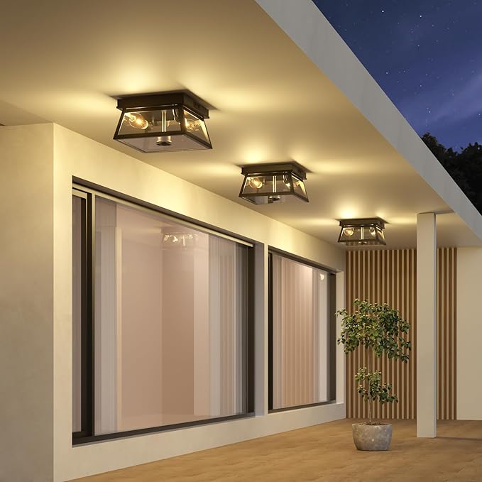 Motion Sensor Outdoor Ceiling Light, Flush Mount Black Porch Ceiling Lights Adjustable 2-Light Fixture with E26 Sockets, Closed Bottom, Glass and Metal for Garage, Patio, Hallway, Farmhouse