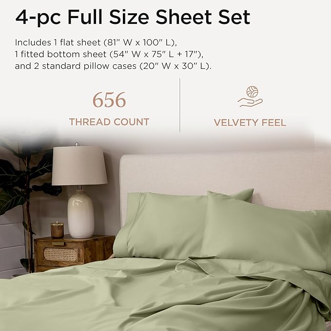 Threadmill Luxury Full Size Sheets | 656 Thread Count Certified Supima Cotton Sheets for Full Size Mattress | 5-Star Hotel Quality 4 Piece Bed Sheets with Extra Deep Pocket |Sage Green Sheets
