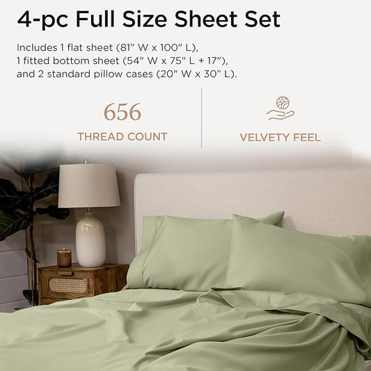 Threadmill Luxury Full Size Sheets | 656 Thread Count Certified Supima Cotton Sheets for Full Size Mattress | 5-Star Hotel Quality 4 Piece Bed Sheets with Extra Deep Pocket |Sage Green Sheets