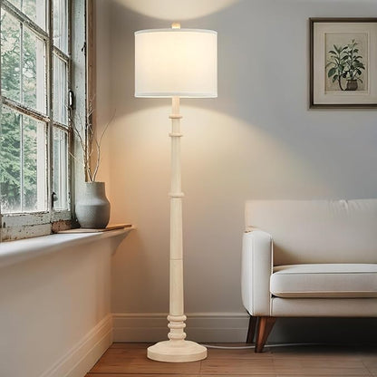 Floor Lamps for Living Room - 60" Resin Farmhouse Floor Lamp with 3 Color Temperatures - Vintage Standing Lamp Reading Light with Linen Shade Rustic Tall Lamp for Bedroom Office, Oatmeal Wash