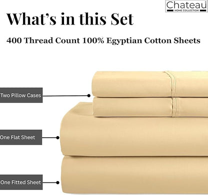 400 Thread Count Queen Cotton Sheet Set, 15" Deep Pocket Queen Sheet Set, Luxury Sateen Weave 4 Piece Naturally Cool Soft Breathable Elasticated Luxury Bedding For All Seasons- Semolina
