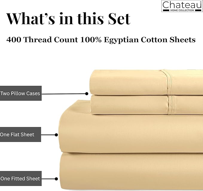 400 Thread Count Cotton Bed Sheets King Size, 15" Deep Pocket King Sheet Set, 4 Piece Naturally Cool Soft Sateen Weave Machine Washable Fully Elasticated- Semolina