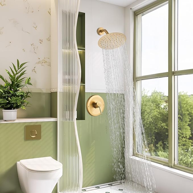 HUCKLE Shower Head, 8-Inch Gold Shower Faucet with Valve, Single-Handle Rainfall Shower Trim Kit, Matte Black Shower Fixtures for Bathroom