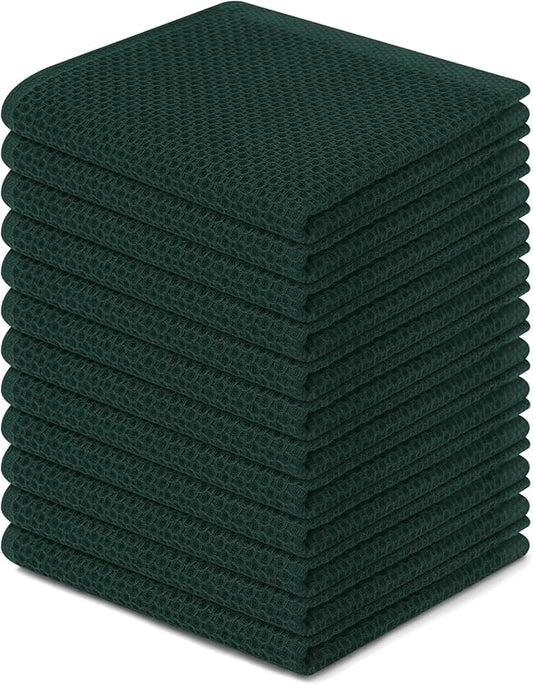 Kitinjoy 100% Cotton Kitchen Dish Cloths, 12 Pack Waffle Weave Ultra Soft Absorbent Dish Towels for Drying Dishes Quick Drying Kitchen Towels Dish Rags, 12 X 12 Inches, Blackish Green
