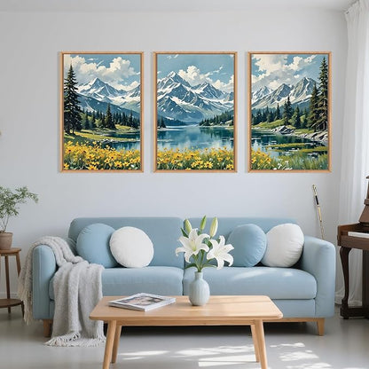 BICERE Large Nature Mountain Wildflower Framed Canvas Wall Art,Pine Tree Woodland Wall Decor,Forest Floral Lake Wall Painting,Watercolor Scenery Artwork for Living Room,Bedroom,Dining Room,Office -24"x36"x3