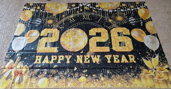 Happy New Year 2026 Black Gold Backdrop 2026 New Year Eve Countdown Photo Background Cheer to 2026 Party Decoration Banner Photo Supplies (Gold, 82x59inch (7x5FT))