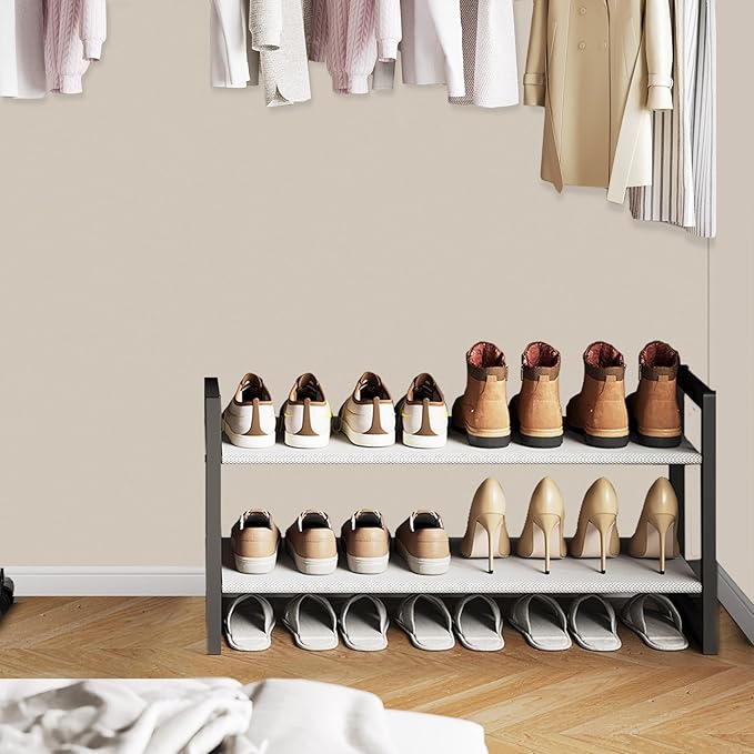 Shoe Rack for Closet & Entryway, Stackable 2-Tier Shoe Organizer, Welded Metal Frame, Semi-Assembled Fast Setup, 11.8" Deep Non-Woven Shelves, Space-Saving Shoe Storage, Black