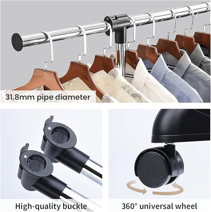 LiaMeE Adjustable Clothing Rack for Hanging Clothes, Heavy Duty Garment Rack with Wheels，Free Standing Rolling Clothes Rack with Shelf & Grid, Easy Assembly Standard Rod, Black & Chrome