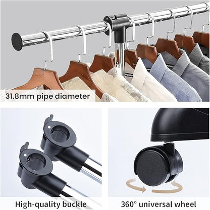 LiaMeE Adjustable Clothing Rack for Hanging Clothes, Heavy Duty Garment Rack with Wheels，Free Standing Rolling Clothes Rack with Shelf & Grid, Easy Assembly Standard Rod, Black & Chrome