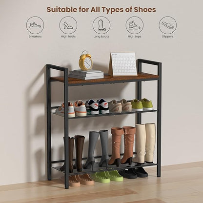 4 Tier Shoe Rack for Front Door Entrance, Shoe Rack for Entryway, Metal Shoe Organizer Heavy Duty with Wooden Top & Adjustable Mesh Shelves, Shoe Storage for Closet Bedroom Bathroom Dorm Garage
