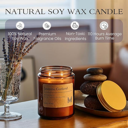 M&SENSE Jasmine Garland Scented Christmas Candle Gift | 19.4oz, 115-Hour Burn | Natural Organic Soy Wax | Long-Lasting for Stress Relief and Gifting | for Christmas, Thanksgiving, Holiday