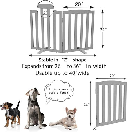 ZJSF Foldable Freestanding Indoor Dog Gate for House Wood Long Pet Gates Dog Fence for Stairs Puppy Gates for Hallways, Puppy Gate,Support Feet Included, Grey, 24 "Height-2 Panels