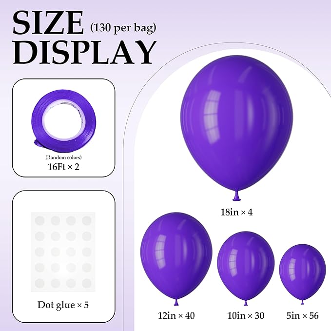 130PCS Dark Purple Balloons, Latex Balloon Different Sizes 18/12/10/5 In, Helium Balloons with Ribbon, Party Balloon Set for Birthday Wedding Graduation Anniversary Baby Shower Decoration