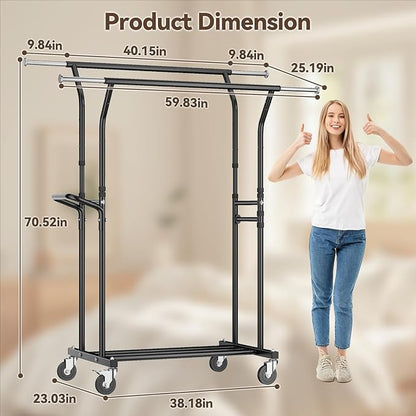 800LBS Heavy Duty Clothes Rack: Rolling Clothing Rack for Hanging Coat Double Rods Portable Wardrobe Garment Racks with Wheels Shelf Sturdy Metal Adjustable Bedroom Laundry Living Room (Black)