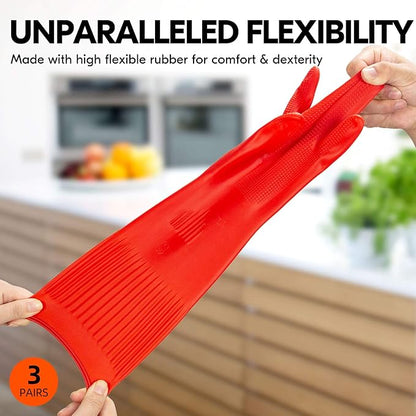 Vgo... 3-Pairs Dishwashing Gloves, Reusable Household Gloves, Long Sleeve, Thick Latex, Cleaning, Washing, Working, Painting, Gardening, Pet Care (Size L, Red, RB2143)