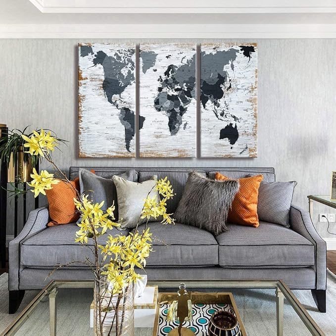 World Map Canvas Wall Art Teal Decor Black Wall Decor Office World Map Wall Art World Pictures for Living Room Wall Decoration Map Picture Framed Artwork Decor for Home Bedroom Decoration