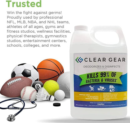 Clear Gear - Disinfectant, Cleaner, and Deodorizer for Sports Equipment, Gyms, and Fitness Centers - EPA-Registered, Hospital Grade, Made in USA - 1 Gallon Bottle