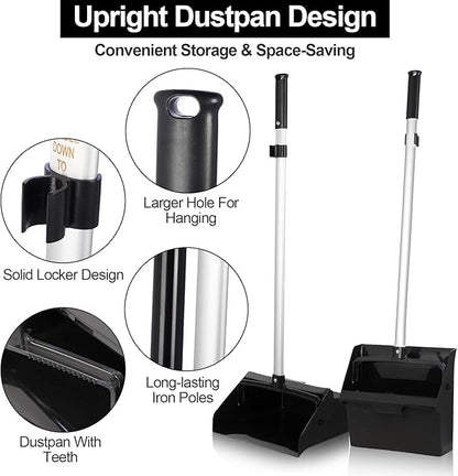 Mumufy 5 Set Lobby Dustpan with Broom Set Lobby Upright Dust Pan and Broom with Long Handle Heavy Duty Commercial Dustpan Combo for Restaurants Kitchen Office Home