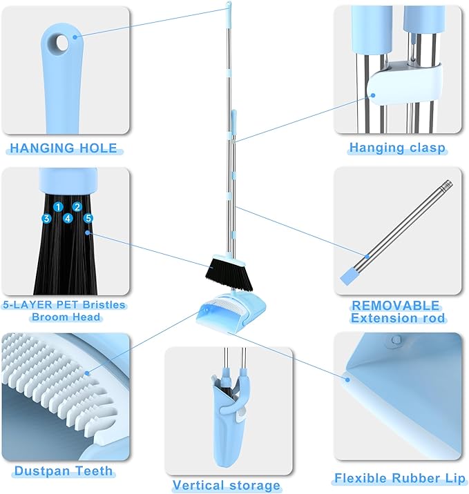 Broom and Dustpan Set, House Broom for Sweeping Indoor Collapsible Broom with Dust Pan Combo Set for Home Office Kitchen Lobby Floor Pet Hair
