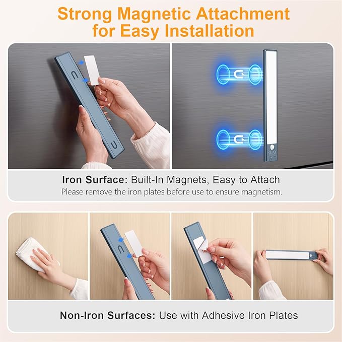 Gritin 10.2inch Under Cabinet Lighting Rechargeable -84 LED Super Bright,3-Color& 5 Level Brightness,4 Modes,Motion Sensor, Long Lasting- Easy Installation Magnetic Closet Lights -2 Pack-Sea Blue